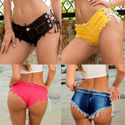 Women Sexy Jeans Shorts Summer Fashion Low-waist Denim Knotted Band Mini Short Beach Casual Shorts Sexy Club Party Bikini Bottom