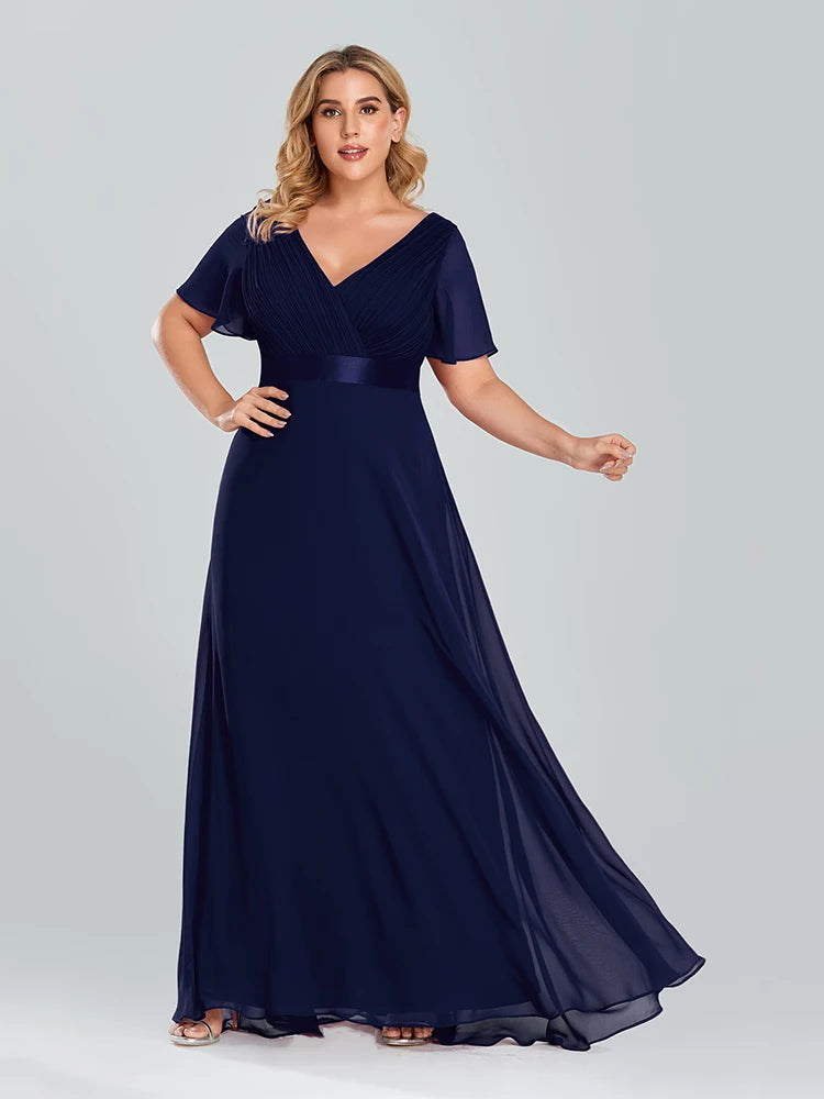 Plus Size Evening Dresses Long XUCTHHC Elegant A Line V Neck Ruffles Chiffon Formal Wedding Party Dress Robe De Soiree 2021