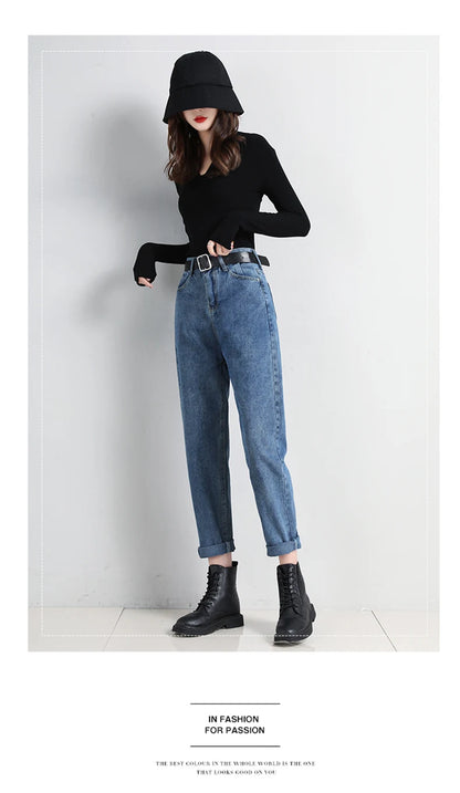 High Waist Jeans Women Classic Vintage Blue Gray Mom Jeans Straight Denim Trousers Womens Casual BF Harem Pants Jeans Femme
