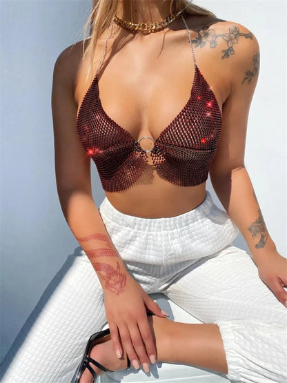 Sexy black White Summer crop top women festival Beach club outfits Party tank top t shirt woman Halter Rhinestones tops topy Hot