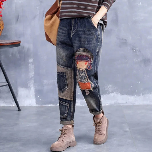 2025 Spring Autumn New Women Embroidery Retro Denim Jeans High Waist Nine Points Cowboy Trousers Denim Harlan Pants Femme126