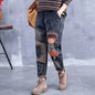 2025 Spring Autumn New Women Embroidery Retro Denim Jeans High Waist Nine Points Cowboy Trousers Denim Harlan Pants Femme126