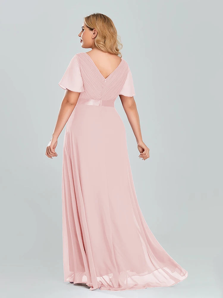 Plus Size Evening Dresses Long XUCTHHC Elegant A Line V Neck Ruffles Chiffon Formal Wedding Party Dress Robe De Soiree 2021