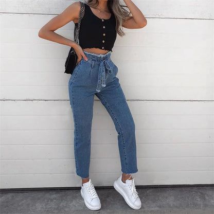 Spring Jeans mom High-waisted Sexy Jeans with tassels Belt Bandage Skinny Push Up Jeans Woman Black Blue Jeans Female