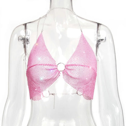 Sexy black White Summer crop top women festival Beach club outfits Party tank top t shirt woman Halter Rhinestones tops topy Hot