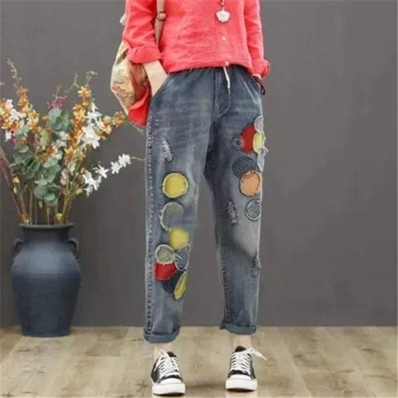 Jeans Woman High Waist Spring Summer Retro Embroidery Denim Trousers Ladies Elastic Waist Harem Pants Loose Jean Femme Pant 124