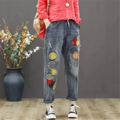 Jeans Woman High Waist Spring Summer Retro Embroidery Denim Trousers Ladies Elastic Waist Harem Pants Loose Jean Femme Pant 124