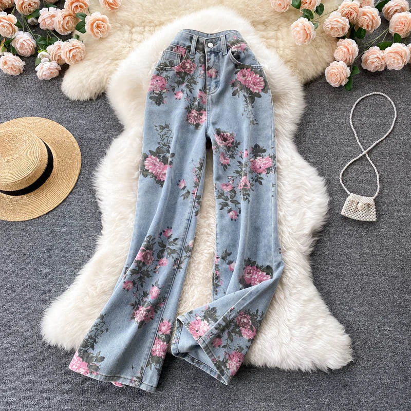 Flowers Print Jeans Women Vintage High Waist Denim Long Pants 2025 Fashion Autumn Casual Wide Leg Full Length Denim Trousers