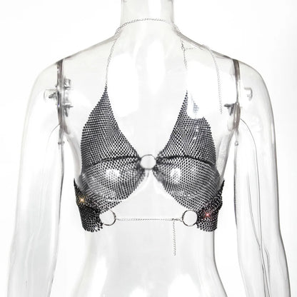 Sexy black White Summer crop top women festival Beach club outfits Party tank top t shirt woman Halter Rhinestones tops topy Hot