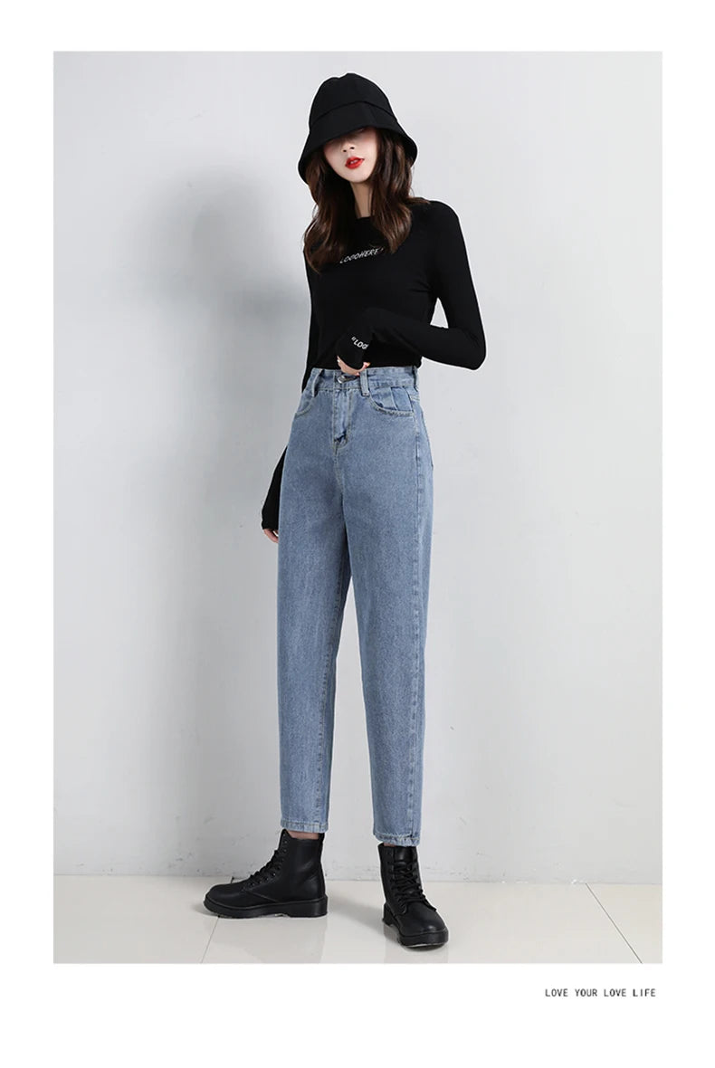 High Waist Jeans Women Classic Vintage Blue Gray Mom Jeans Straight Denim Trousers Womens Casual BF Harem Pants Jeans Femme
