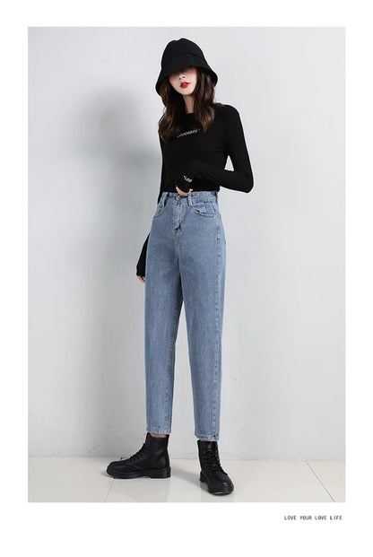 High Waist Jeans Women Classic Vintage Blue Gray Mom Jeans Straight Denim Trousers Womens Casual BF Harem Pants Jeans Femme