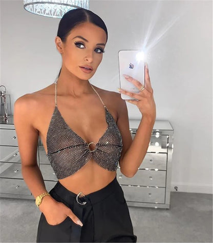 Sexy black White Summer crop top women festival Beach club outfits Party tank top t shirt woman Halter Rhinestones tops topy Hot