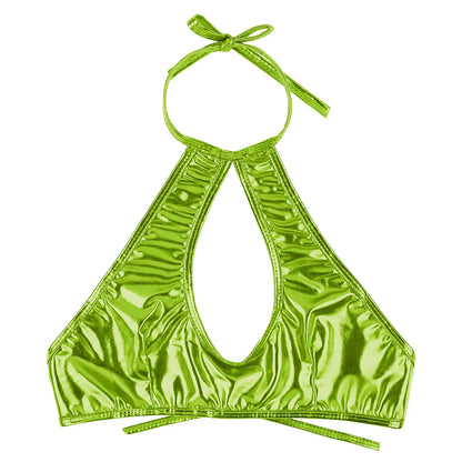 Femme Womens Fashion Top Women Shiny Metallic Faux Leather Sleeveless Halter Neck Cut Out Strappy Crop Tops Sexy Clubwear Vest