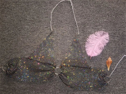 Sexy black White Summer crop top women festival Beach club outfits Party tank top t shirt woman Halter Rhinestones tops topy Hot