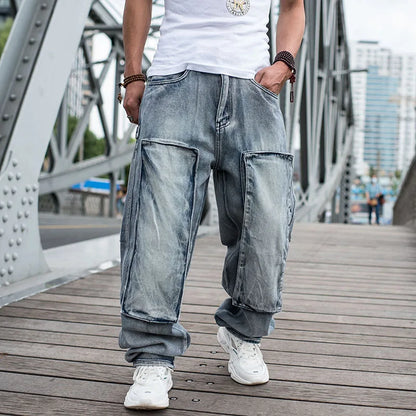 Baggy Jeans Mens Straight Denim Cargo Pants Biker Jeans Men Baggy Loose Blue Jeans With Side Pockets Jeans Men