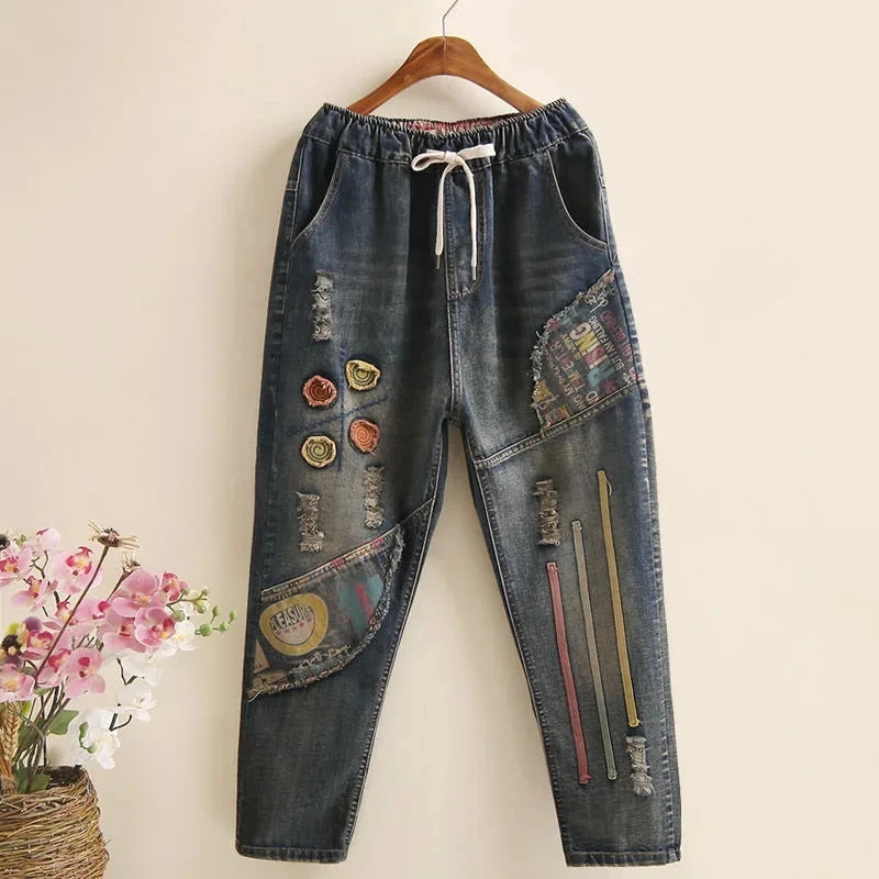 2025 Spring Autumn New Women Embroidery Retro Denim Jeans High Waist Nine Points Cowboy Trousers Denim Harlan Pants Femme126