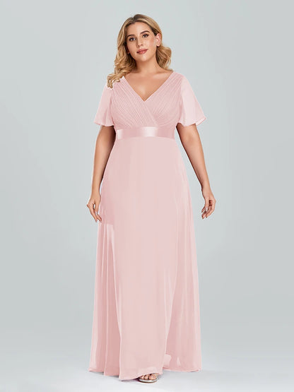Plus Size Evening Dresses Long XUCTHHC Elegant A Line V Neck Ruffles Chiffon Formal Wedding Party Dress Robe De Soiree 2021