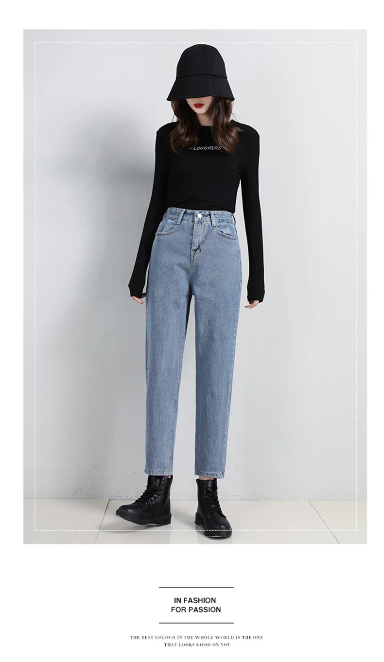High Waist Jeans Women Classic Vintage Blue Gray Mom Jeans Straight Denim Trousers Womens Casual BF Harem Pants Jeans Femme
