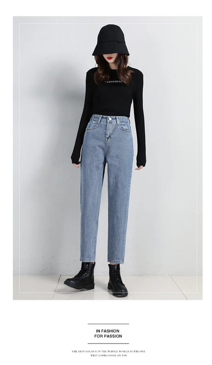 High Waist Jeans Women Classic Vintage Blue Gray Mom Jeans Straight Denim Trousers Womens Casual BF Harem Pants Jeans Femme