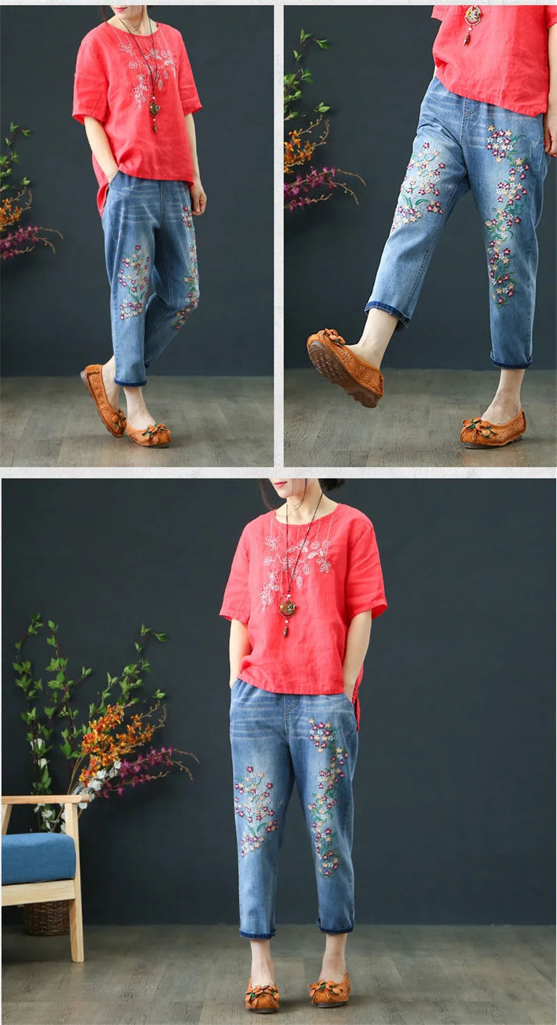 Jeans Woman High Waist Spring Summer Retro Embroidery Denim Trousers Ladies Elastic Waist Harem Pants Loose Jean Femme Pant 124
