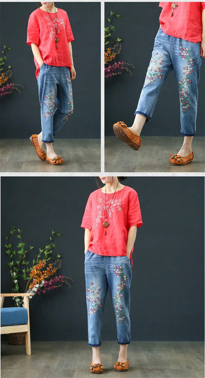 Jeans Woman High Waist Spring Summer Retro Embroidery Denim Trousers Ladies Elastic Waist Harem Pants Loose Jean Femme Pant 124