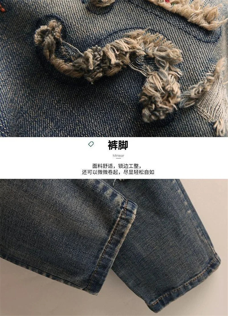 Jeans Woman High Waist Spring Summer Retro Embroidery Denim Trousers Ladies Elastic Waist Harem Pants Loose Jean Femme Pant 124