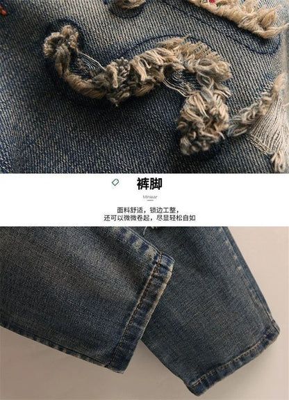 Jeans Woman High Waist Spring Summer Retro Embroidery Denim Trousers Ladies Elastic Waist Harem Pants Loose Jean Femme Pant 124