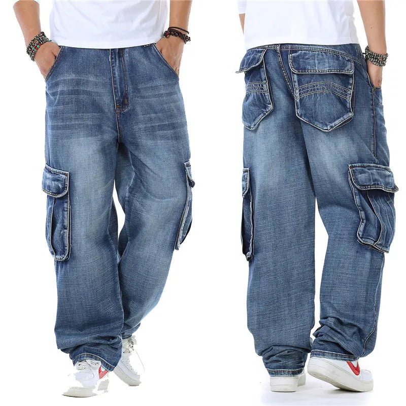 Baggy Jeans Mens Straight Denim Cargo Pants Biker Jeans Men Baggy Loose Blue Jeans With Side Pockets Jeans Men