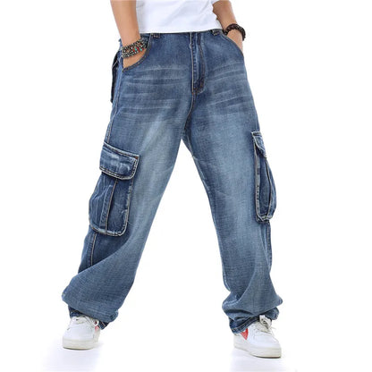 Baggy Jeans Mens Straight Denim Cargo Pants Biker Jeans Men Baggy Loose Blue Jeans With Side Pockets Jeans Men
