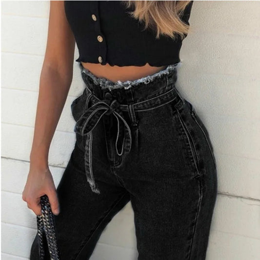 Spring Jeans mom High-waisted Sexy Jeans with tassels Belt Bandage Skinny Push Up Jeans Woman Black Blue Jeans Female