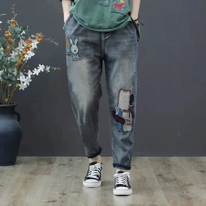 Jeans Woman High Waist Spring Summer Retro Embroidery Denim Trousers Ladies Elastic Waist Harem Pants Loose Jean Femme Pant 124