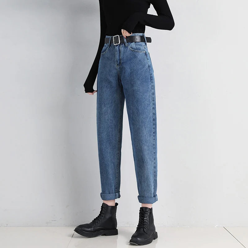High Waist Jeans Women Classic Vintage Blue Gray Mom Jeans Straight Denim Trousers Womens Casual BF Harem Pants Jeans Femme