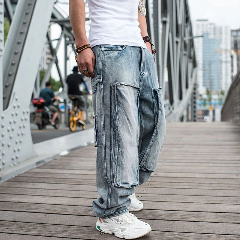 Baggy Jeans Mens Straight Denim Cargo Pants Biker Jeans Men Baggy Loose Blue Jeans With Side Pockets Jeans Men