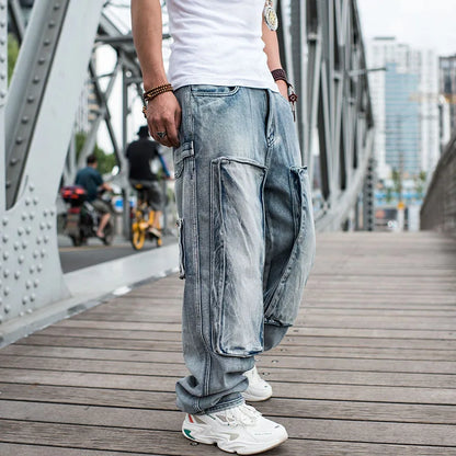 Baggy Jeans Mens Straight Denim Cargo Pants Biker Jeans Men Baggy Loose Blue Jeans With Side Pockets Jeans Men