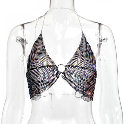 Sexy black White Summer crop top women festival Beach club outfits Party tank top t shirt woman Halter Rhinestones tops topy Hot