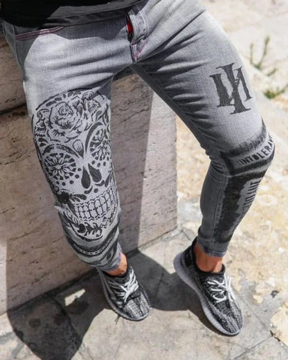 Trendy Men's Stretch Jeans Casual Pants Slim Printed Gray Jeans Men Fashion Printed Jeans Men Pencil Pants Skinny Jeans Men
