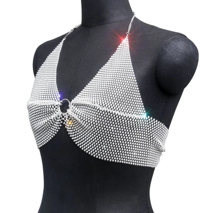 Sexy black White Summer crop top women festival Beach club outfits Party tank top t shirt woman Halter Rhinestones tops topy Hot