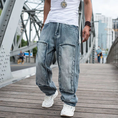 Baggy Jeans Mens Straight Denim Cargo Pants Biker Jeans Men Baggy Loose Blue Jeans With Side Pockets Jeans Men