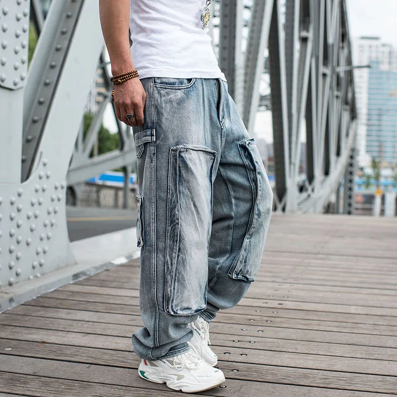 Baggy Jeans Mens Straight Denim Cargo Pants Biker Jeans Men Baggy Loose Blue Jeans With Side Pockets Jeans Men