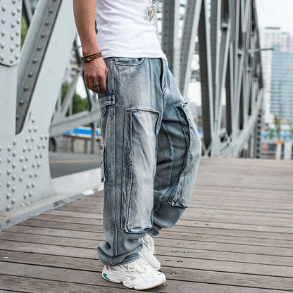 Baggy Jeans Mens Straight Denim Cargo Pants Biker Jeans Men Baggy Loose Blue Jeans With Side Pockets Jeans Men