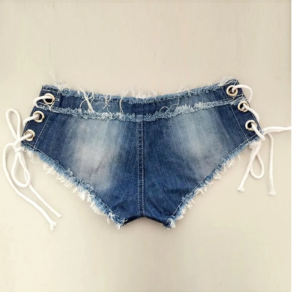 Women Sexy Jeans Shorts Summer Fashion Low-waist Denim Knotted Band Mini Short Beach Casual Shorts Sexy Club Party Bikini Bottom