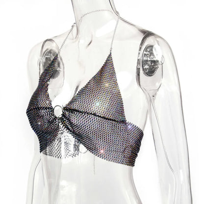 Sexy black White Summer crop top women festival Beach club outfits Party tank top t shirt woman Halter Rhinestones tops topy Hot