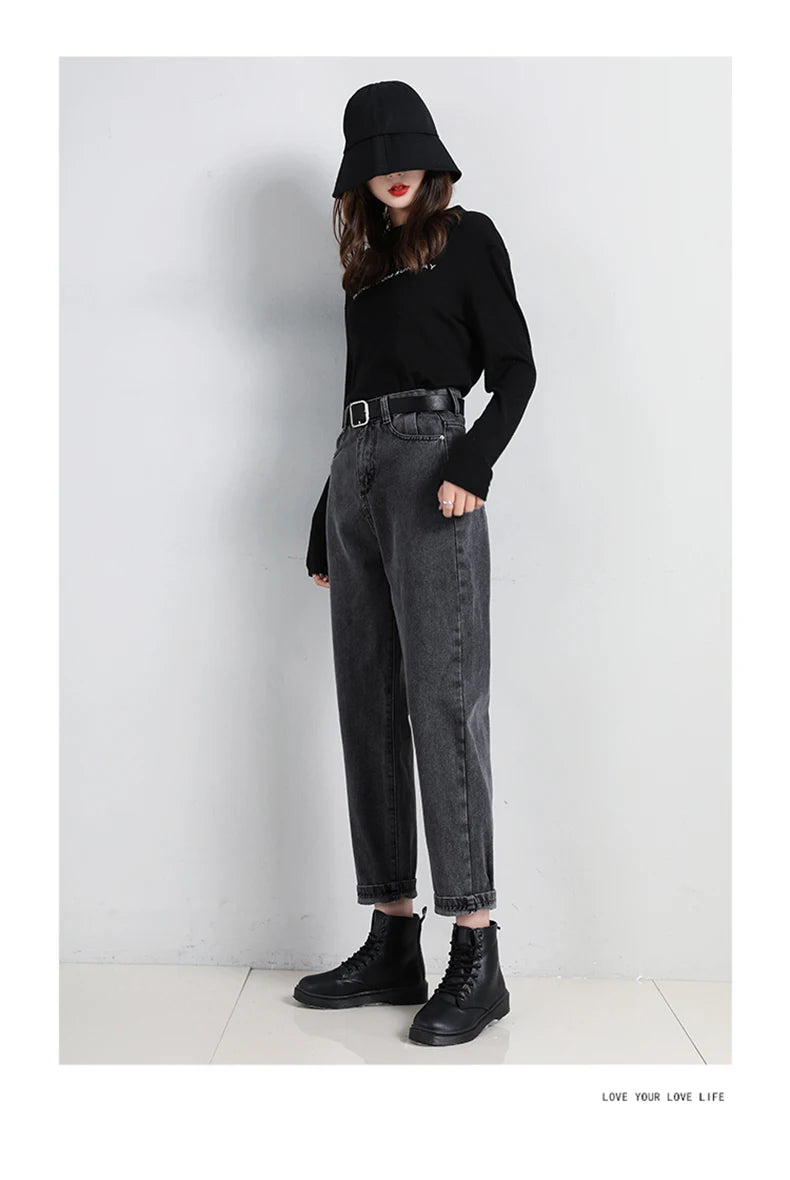 High Waist Jeans Women Classic Vintage Blue Gray Mom Jeans Straight Denim Trousers Womens Casual BF Harem Pants Jeans Femme