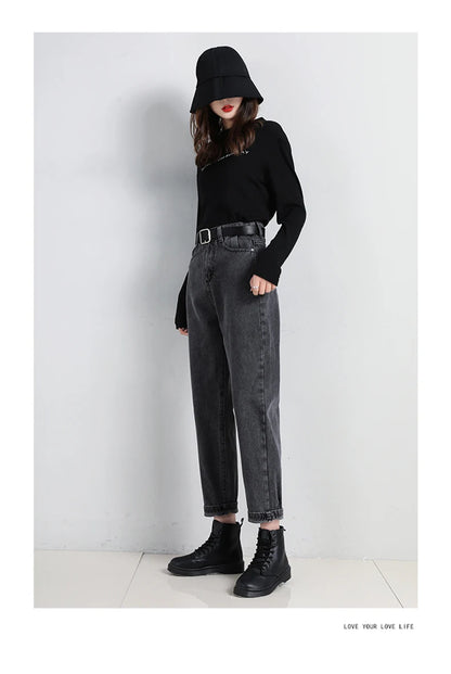 High Waist Jeans Women Classic Vintage Blue Gray Mom Jeans Straight Denim Trousers Womens Casual BF Harem Pants Jeans Femme