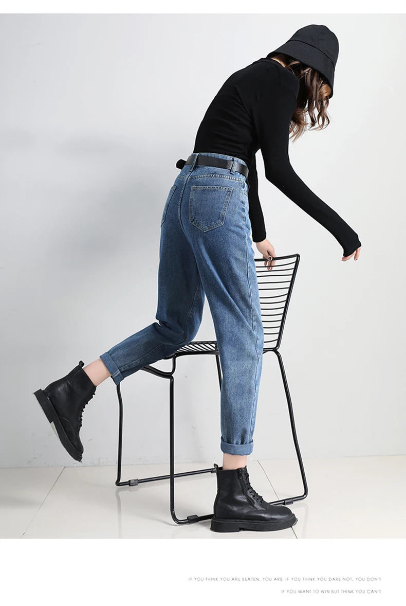 High Waist Jeans Women Classic Vintage Blue Gray Mom Jeans Straight Denim Trousers Womens Casual BF Harem Pants Jeans Femme