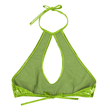 Femme Womens Fashion Top Women Shiny Metallic Faux Leather Sleeveless Halter Neck Cut Out Strappy Crop Tops Sexy Clubwear Vest