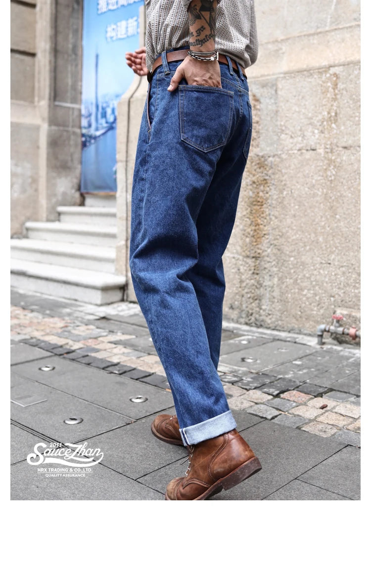 Saucezhan  315XX-18SX Men Jeans Washed Jeans Selvedge Denim Jeans for Men Distressed Jeans Taper Fit  Zipper Fly  18 oz