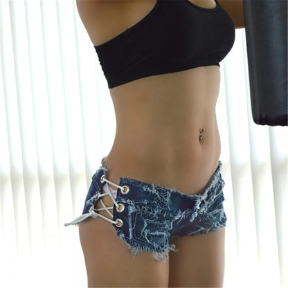 Women Sexy Jeans Shorts Summer Fashion Low-waist Denim Knotted Band Mini Short Beach Casual Shorts Sexy Club Party Bikini Bottom