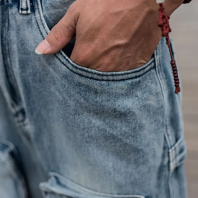 Baggy Jeans Mens Straight Denim Cargo Pants Biker Jeans Men Baggy Loose Blue Jeans With Side Pockets Jeans Men