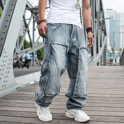 Baggy Jeans Mens Straight Denim Cargo Pants Biker Jeans Men Baggy Loose Blue Jeans With Side Pockets Jeans Men